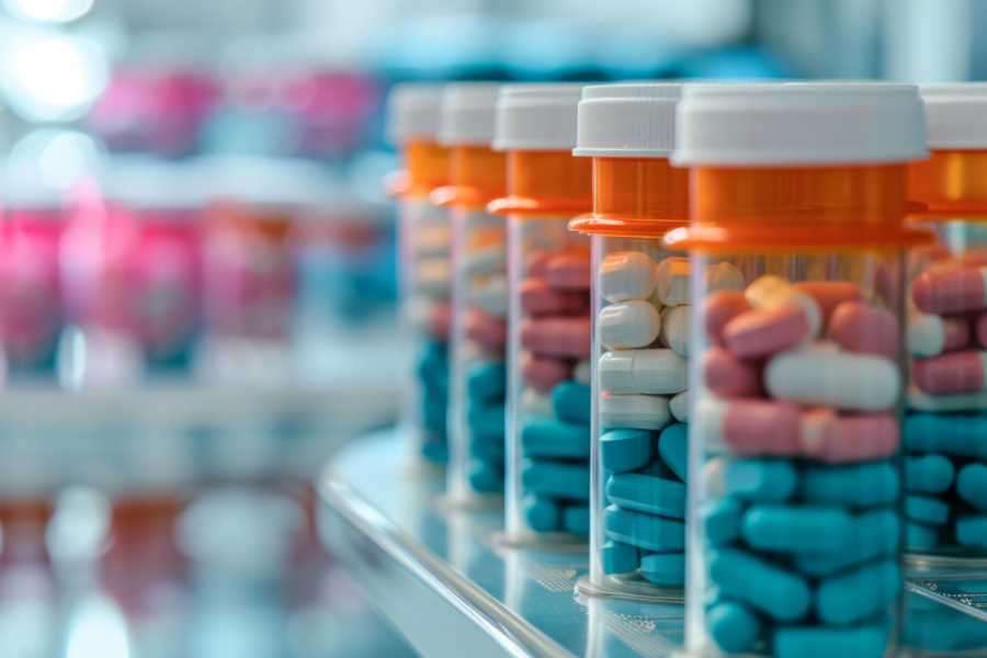 Transparent pill bottles filled with pills on a shelf