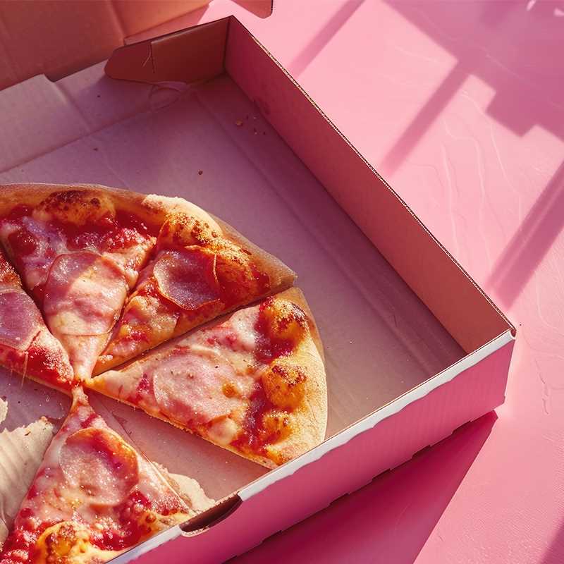 Close-up of an open pizza box containing a single slice placed in a pink container.